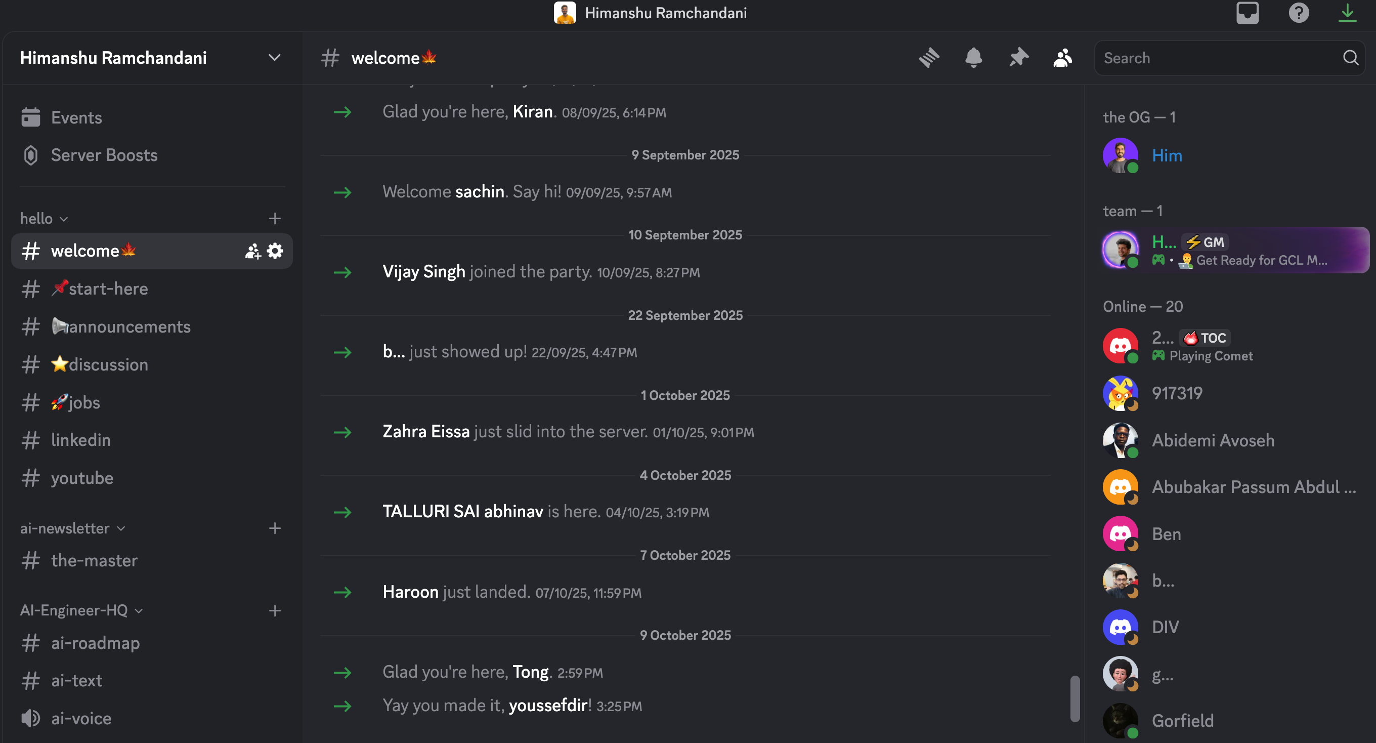 Inside the MasterDexter Discord community: welcome channel, AI Engineer HQ channels and active members
